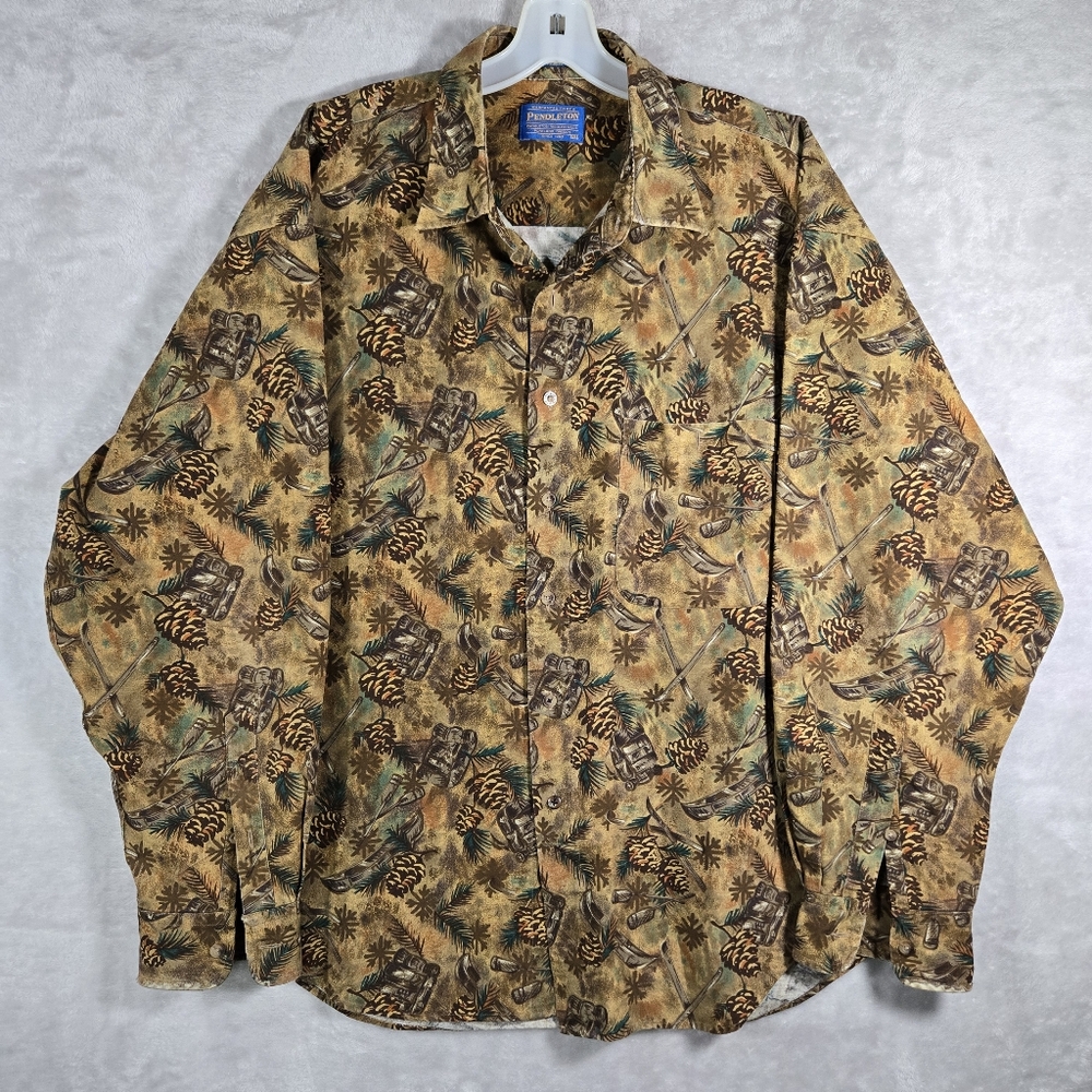 Pendleton Button Up Long Sleeve Men Size XL Extra Large Pine Cone Canoe Tiki